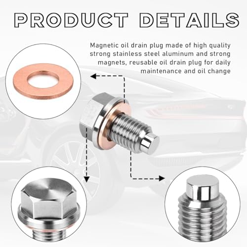 M14×1.5 Magnetic Oil Drain Plug, Aluminum Stainless Steel Sump Drain Nut Bolt with 5 Copper Crush Washer, Universal Leak-proof Replacement Car Accessories for Most Vehicles