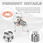 M14×1.5 Magnetic Oil Drain Plug, Aluminum Stainless Steel Sump Drain Nut Bolt with 5 Copper Crush Washer, Universal Leak-proof Replacement Car Accessories for Most Vehicles