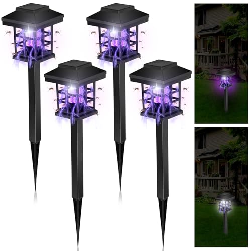 Qualirey Solar Bug Zapper Outdoor 2 in 1 Solar Mosquito Fly Killer Waterproof LED Insect Zapper and Lighting Mosquito Repellent Lamp for Outdoor Garden Patio Yard Lawn (White and Purple Light)