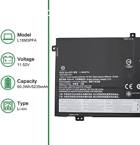L18M3PFA 5B10T83739 5B10W67258 Laptop Battery Replacement for Lenovo Yoga C740-15IML Series Notebook L18D3PF2 5B10T83740 5B10W67402 11.52V 60.3Wh 5235mAh
