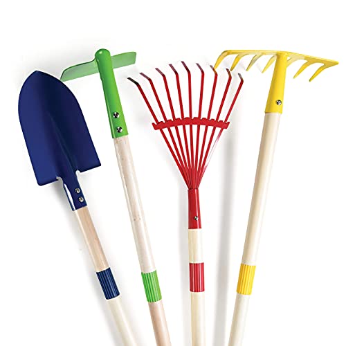 Play22 Kids Garden Tool Set Toy 4-Piece - Shovel, Rake, Hoe, Leaf Rake, Wooden Gardening Tools for Kids Best Outdoor Toys Gift for Boys and Girls