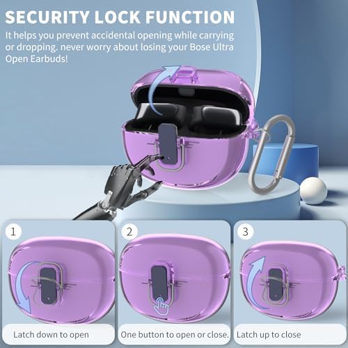 [Secure Lock] for Bose Ultra Open Earbuds Case(2024), TUDIOW Clear TPU Shockproof Protective Cover for Bose Open Ear Wireless Earbuds Accessories with Cleaning Kit & Keychain (Clear Purple)