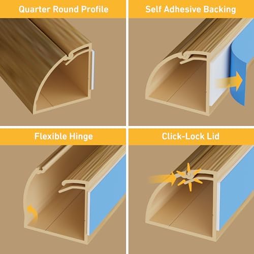 D-Line 157in Stainable Wood-Effect Corner Cable Concealer Multipack, Floor Wire Hider, Quarter Round Cord Cover, Organize Cords in Corners, Floor Molding - 10x 15.7in Lengths & Accessories
