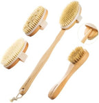 Dry Brushing Body Brush Set Wood Long Handle with 3 Detachable Heads, Face Brush,Body Scrubber Boar Bristle Exfoliator for Lymphatic Drainage and Cellulite,Back Scrubber for Shower
