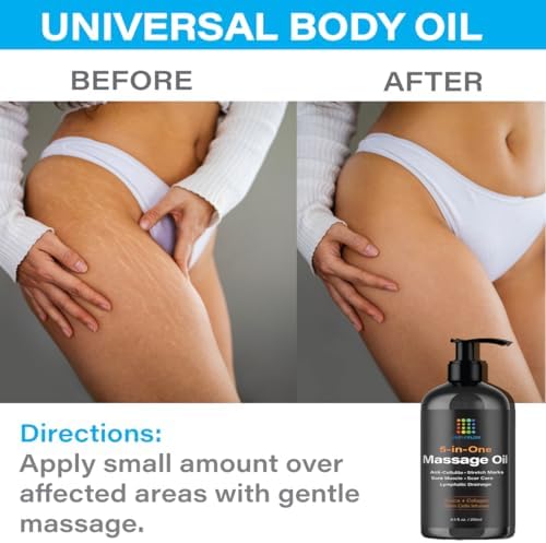 Anti Cellulite Massage Oil with Collagen Stem Cells, Arnica Oil for Lymphatic Drainage, Pain Relief, Sore Muscle, Stretch Marks, Scar and Keloid Removal, Piercing Care, Massager Tool, 8.5 Fl Oz