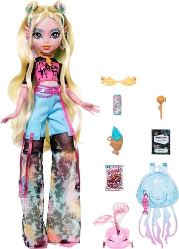 Monster High Lagoona Blue Doll in Mesh Tee and Cargo Pants, Includes Pet Fish Neptuna and Accessories Like a Backpack, Snack and Notebook