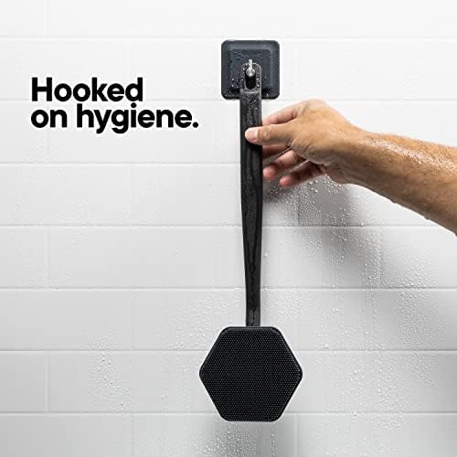 Tooletries - Silicone Back Scrubber with Hook - Exfoliating Shower Brush, Back Washer for Men, Durable Back Brush with Long Handle - Long Lasting Bath & Shower Accessories - Charcoal