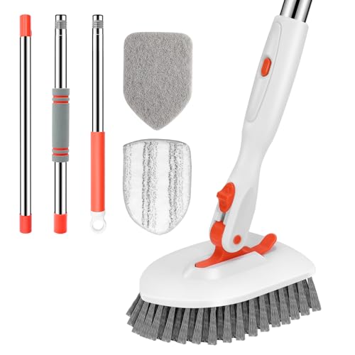SetSail Floor Scrub Brush, 3-In-1 Tile Tub Floor Scrubber with 52-inch Adjustable Long Handle Shower Cleaner Brush and 3 Detachable Replacement Brush Heads for Cleaning Bathroom Kitchen Walls Tub Tile
