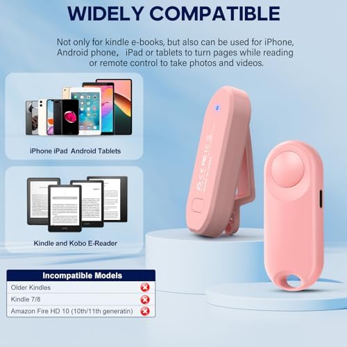 RF Remote Control Page Turner for Kindle Paperwhite,Kindle Accessories Remote Photo and Video for E-Book iPhone iPad Android Tablets Reading Novels Comics Remote Control Extenders(Pink)