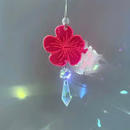 Hibiscus Hawaiian Flower Car Charm, Pink Crystal Suncatcher, Rearview Mirror Car Accessories, Cute Boho Interior Decor, New Car Gift For Her (Flower - Red, Crystal - Purple)