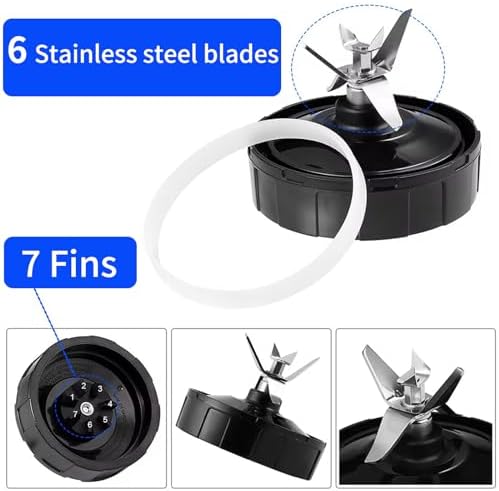 Replacement Parts for Ninja Blender 7 Fins Bottom Blade and 1 Gasket Rubber for Nutri Ninja Auto iQ BL482-30 BL492 BL642-30 NN102 BL687CO-30 BL2013 (Blade Updated)