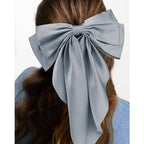 Velscrun Hair Bows for Women Girls 4Pcs White Silky Hair Bow Navy Blue Satin Large Coquette Bow Grey Big Hair Bows Clip Oversized Hair Ribbons Long Tail Black Bow Hair Barrettes Hair Accessories Gifts