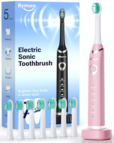 Bymore Electric Toothbrush for Adults,Travel Sonic Toothbrush with 8 Replacement Heads, Ultra Clean Rechargeable Toothbrush Portable Electric Toothbrush for Kids -Pink