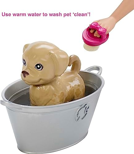 Barbie Play 'n Wash Pets Playset with 3 Color-Change Animals & 10 Toy Accessories, Blonde Fashion Doll with Blue Eyes