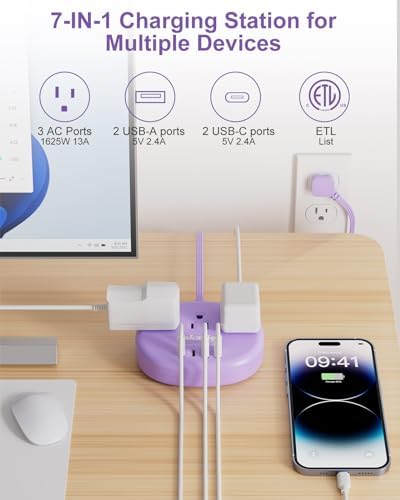 Purple Extension Cord - 10 FT Flat Extension Cord, 1625W Cute Extension Cord with 3 AC Outlet 4 USB (24W/4.8A), Compact for Cute Purple Kawaii Lavender Desk Accessories