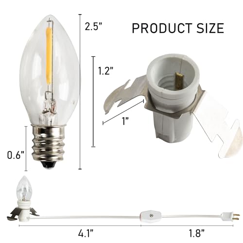 Dazzle Bright 4 Pack 6 FT Accessory Cord with LED Light Bulb E12 Socket White Cord with On/Off Switch Plug, C7 Candelabra Light Bulbs for Holiday Decorations, Christmas Village House, Pumpkin Lights