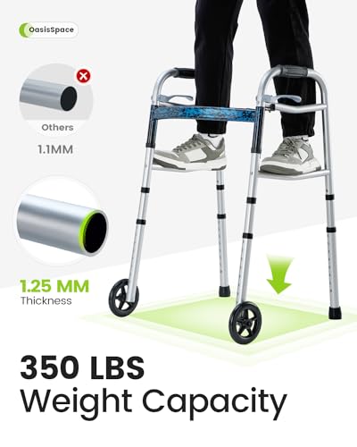 OasisSpace Compact Folding Walker, with Trigger Release and 5 Inches Wheels for The Seniors [Accessories Included] Narrow Lightweight Supports up to 350 lb