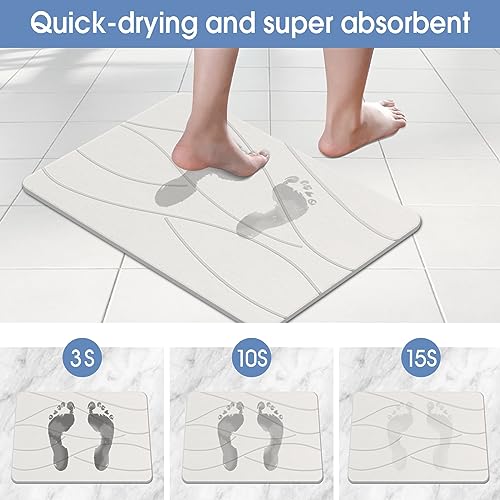 Veeloim Stone Bath Mat Diatomaceous Earth Bath Mat Non-Slip Super Absorbent Stone Bath Mats for Bathroom Quick Drying Diatomite Stone Shower Mat Large Natural Easy to Clean(23.6×15.4" White)