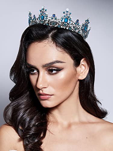 SWEETV Queen Crown for Women - Baroque Wedding Tiaras and Crowns, Jeweled Costume Tiara Princess Crown, Prom Birthday Party Halloween Hair Accessories,Blue