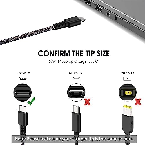New Slim HP 65W USB C Laptop Charger Replacement for HP Spectre X360,Spectre,Elitebook x360,Elitebook,Chromebook,Elite x2,Envy,ProBook Travel Type C Power Cord Supply