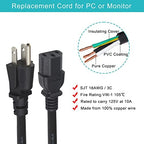 12FT Computer Monitor Replacement Power Cord -Black Long Standard PC Replace AC 3 Prong Power Supply Cord Heavy Duty 18AWG IEC C13 Power Cable NEMA 5-15P to C13 10A 125V for Monitor/TV/Computer