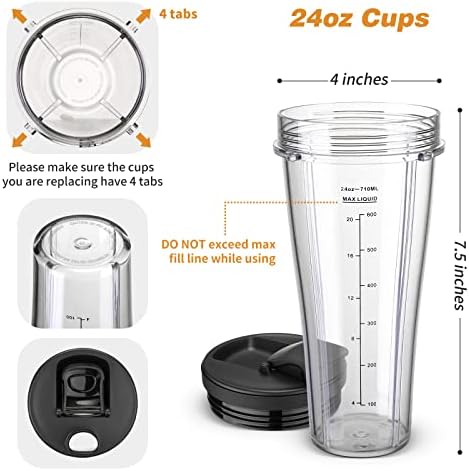 Ninja Blender Cups Replacement 24 oz Slim Cups Kit with Sip & Seal Lids BL450 BL480 BL486 BL487 BL492 BL494 BL642 BL682 NN100 BL2012