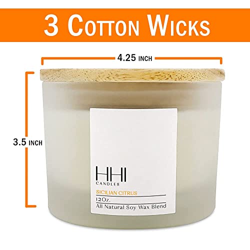 HHI Citrus Candle | A Blend of Lemon, Orange, Lime and Eucalyptus | Sicilian Citrus | All Natural Soy Candle | Large 12 Ounce Three Wick Candle | Long Burn time | Includes Bamboo Lid and Gift Box