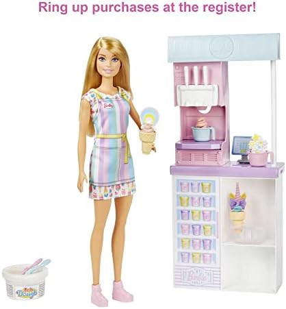 Barbie Careers Playset, Ice Cream Shop Set with Blonde Fashion Doll, Ice Cream Machine, Molds, Dough & Accessories