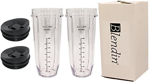 Blendin 32 Ounce Cup with Sip N Seal To Go Lids - Extra Large Replacement Jar Compaible with Nutri Ninja Auto-iQ 1000W and Duo Blenders - Premium Blender Cups Replacement (2 Pack)