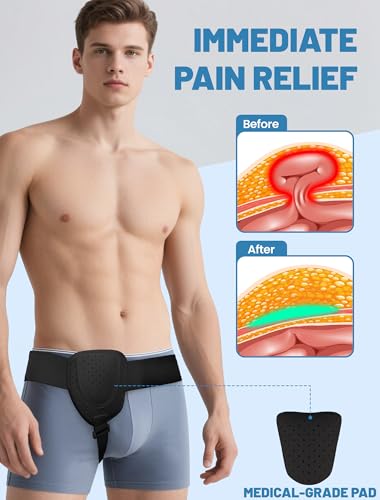 Hernia Belts for Men Inguinal, Hernia Belt for Women, Inguinal Hernia Support for Left or Right Side, Comfortable Adjustable Waist Strap with Removable Compression Pads, Black