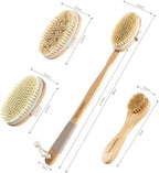 Dry Brushing Body Brush - Natural Boar Bristle Body Brush Set with Face Brush, Wooden Long Handle Scrub Body Brush for Cellulite Treatment, Lymphatic Drainage, Detachable, 3 Brush Heads