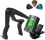 BROTOU Guitar Tuner Clip On with Guitar Capo for Guitar, Bass, Violin, Ukulele, Digital Electronic Tuner Acoustic Guitar Accessories with LCD Display (3 Guitar Picks)