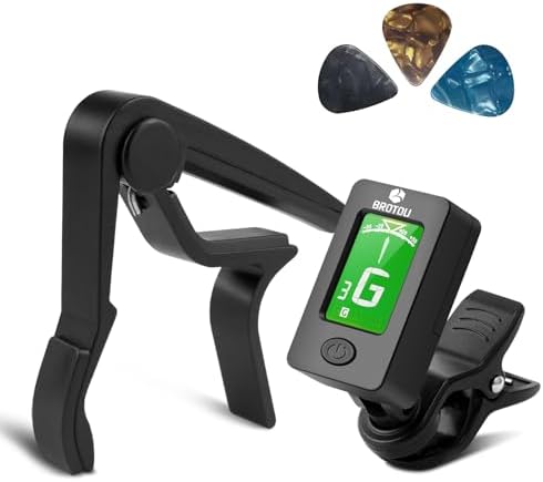 BROTOU Guitar Tuner Clip On with Guitar Capo for Guitar, Bass, Violin, Ukulele, Digital Electronic Tuner Acoustic Guitar Accessories with LCD Display (3 Guitar Picks)