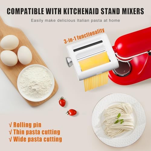 Pasta Maker Upgrade 3 in 1 Attachment for KitchenAid Stand Mixers - Includes Pasta Roller/Spaghetti Cutter/Fettuccine Cutter and Cleaning Brush - Kitchen Aid Accessories for Homemade Fresh Pasta