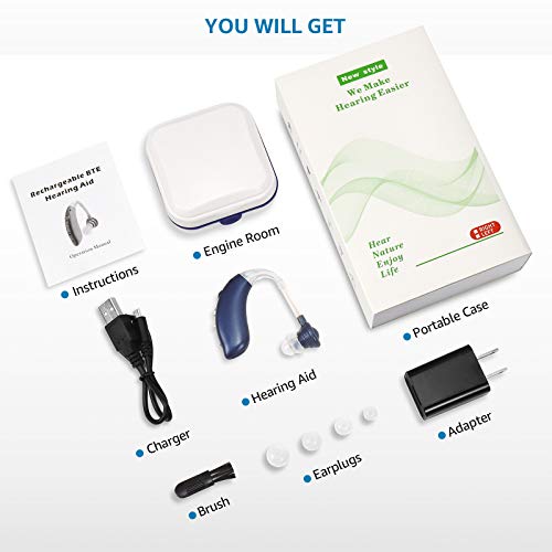 Hearing Aids, Enjoyee Hearing Aids for Seniors Rechargeable Hearing Amplifier with Noise Cancelling for Adults Hearing Loss, Digital Ear Hearing Assist Devices with Volume Control (Black) (Blue)