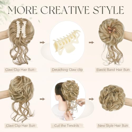 SOFEIYAN Claw Clip Messy Bun Hair Piece Curly Wavy Hair Bun Clip in Claw Chignon Ponytail Extensions Synthetic Tousled Updo with Tendrils Hairpieces Accessories Scrunchies for Women, Dark Blonde Mix
