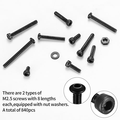 840 Pcs M2.5 Small Metric Screws with Nuts, Hex Socket Head Cap and Nut Assortment Kits, Carbon Steel Replacement Machine Fastener Screws and Bolts Nuts (M2.5 840 Black)