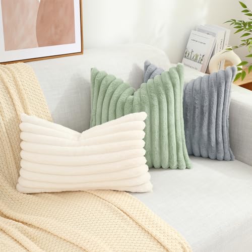 decorUhome Christmas Faux Fur Throw Pillow Covers 20x20 Set of 2, Decorative Soft Plush Striped Couch Pillow Covers with Velvet Back for Sofa, Bed, Living Room, Cream White