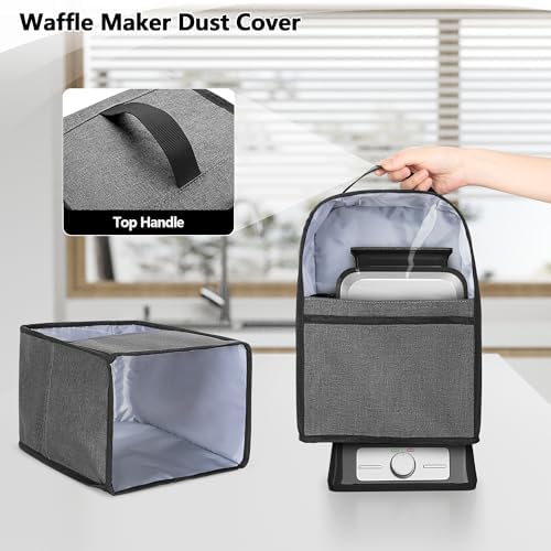 Yarwo Visible Dust Cover Compatible with Ninja BW1001 Belgian Waffle Maker PRO NeverStick, Protective Cover with Top Handle and Pockets Fits Waffle Iron, Pour Cup, Tongs or Other Kitchen Accessories