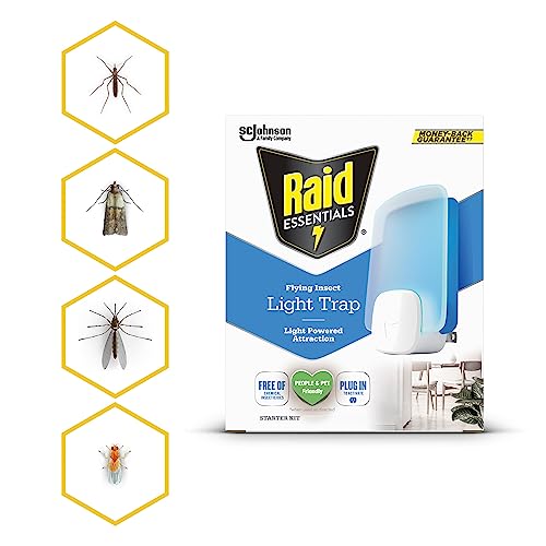 Raid Essentials Flying Insect Light Trap Starter Kit, 2 Plug-In Devices + 2 Cartridges, Featuring Light Powered Attraction