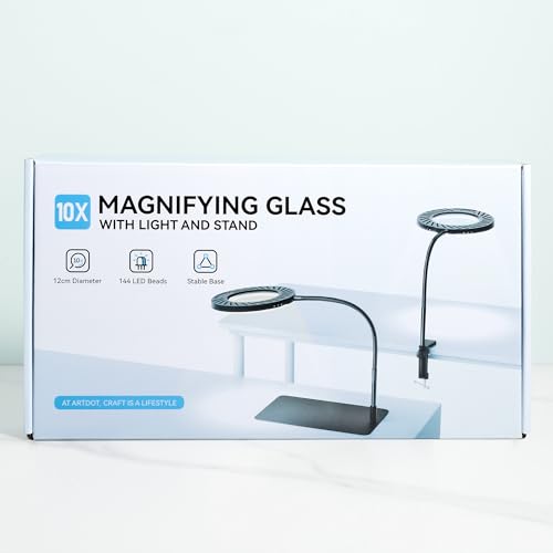 ARTDOT 10X Magnifying Glass with Light and Stand, 144 LEDs Desk Lamp with 5 Color Temperatures and 9 Levels Adjustable Brightness for Diamond Painting Accessories Crafts Reading Hobbies Close Work