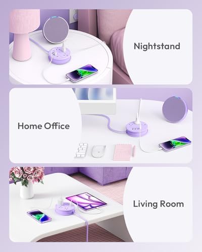 NTONPOWER Purple Extension Cord with 3 AC Outlet 4 USB(2 USB C), Purple Power Strip 4FT Flat Extension Cord, Compact for Purple Desk Accessories,Home