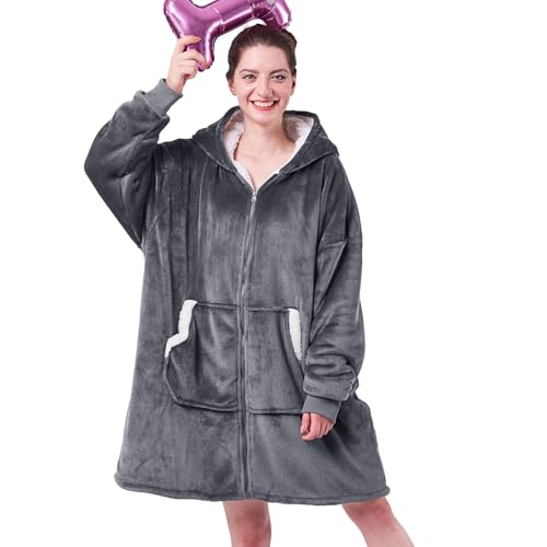 JOYWOO Wearable Blanket Hoodie, Birthday Christmas Gifts for Women Men Mom, Oversized Hooded Blanket for Adult, Cozy Fuzzy Sherpa Sweatshirt Blanket with Giant Pocket Zipper and Winter Gifts, Grey