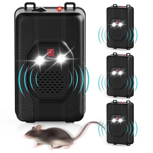 X-PEST Ultrasonic Rodent Repellent for Cars and Indoor 4 Packs, Battery Operated Mouse Squirrel Rat Deterrent with Strobe Light,Smart DetectioKeep Rodents Out of Car, Truck, RV, Boat Garage Attic Barn
