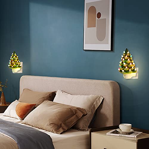 Blissun Set of 2 Ceramic Christmas Tree Night Light, 6" Christmas Decorative Ceramic Tree