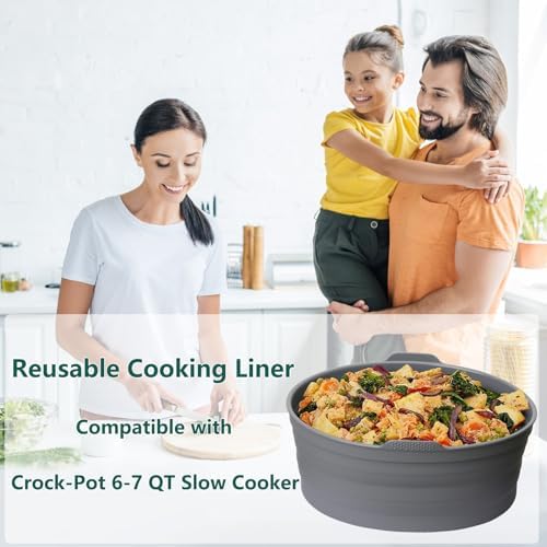 Slow Cooker Liners, Foldable Reusable Silicone Cooking Liners Compatible with Crock-Pot & Hamilton Beach Oval 6 QT, Leakproof Dishwasher Safe Slow Cooker Accessories for Most Oval Shape 1 PCS Grey