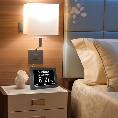 FEYBYLA Alarm Clock with Day and Date for Elderly 3Displays 7inch Digital Calendar Day Clock Photo Frame- Auto Dimmable Display 8 Alarm Options, Day Clock with Non-Abbreviated Day & Month