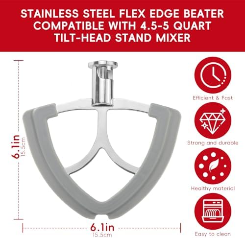 Flex Edge Beater for KitchenAid 4.5-5Quart Tilt-Head Stand Mixer, Stainless Steel Flat Beater Paddle, Fits KitchenAid Mixer Accessories & Attachments, with Silicone Edges Scraper