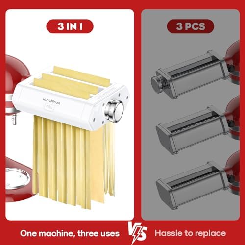 InnoMoon Pasta Attachment 3 in 1 Set for KitchenAid Stand Mixer Included Pasta Sheet Roller, Spaghetti Cutter, Fettuccine Cutter, Pasta Press Maker for Accessories, 8 Adjustable Thickness Knob