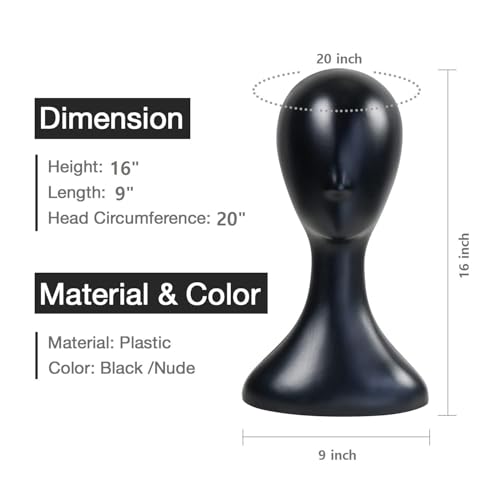 16 Inch Studio Limited Professional Plastic Mannequin Head Durable Women Model Wig Head Stand Torso Styling Making Display Holder with Jack for Wigs, Hat, Mask, Headdress, Necklace (Black, 9 Pack)